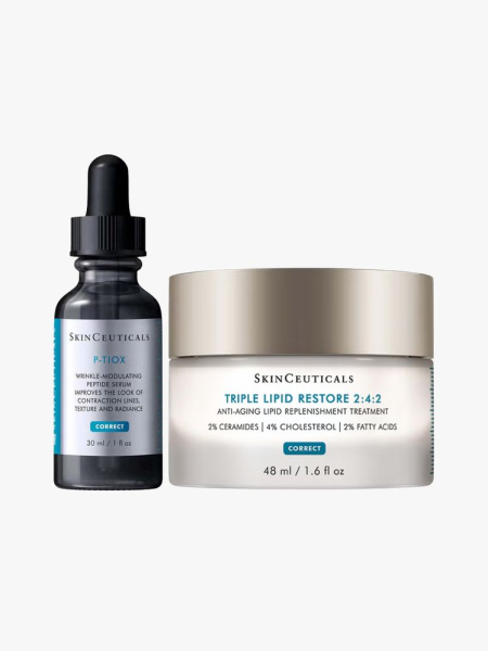SkinCeuticals Wrinkle Fighting Peptide & Barrier Repair Lipid Duo in branded dropper and tub component on a light gray background