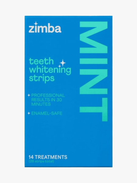 Zimba Teeth Whitening Strips in branded component on a light gray background