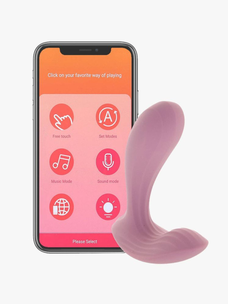 Svakom Erica App Controlled Wearable Vibe with phone on light gray background