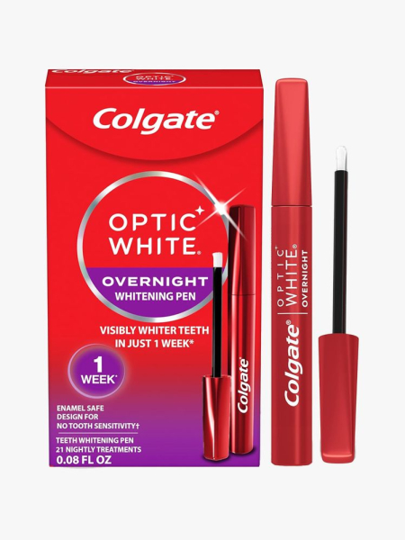 Colgate Optic White Overnight Teeth Whitening Pen in branded component on a light gray background