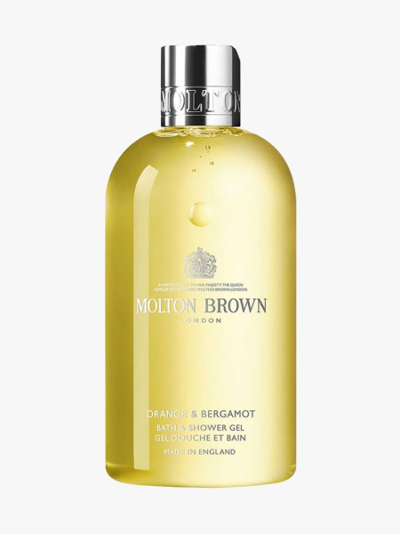 Molton Brown Orange and Bergamot Bath and Shower Gel in branded component on a light gray background